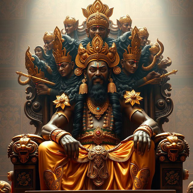 A majestic Ravan, a mythical figure from Hindu mythology, sitting on an opulent throne