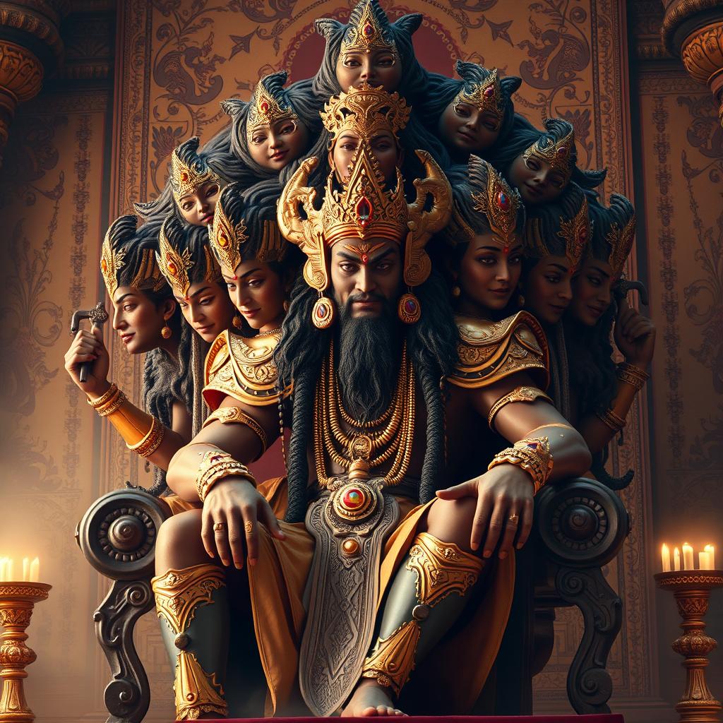 A majestic Ravan, a mythical figure from Hindu mythology, sitting on an opulent throne