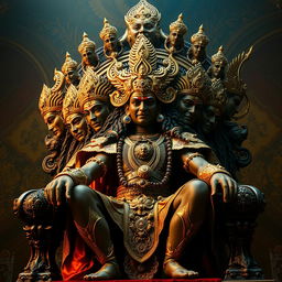 A majestic Ravan, a mythical figure from Hindu mythology, sitting on an opulent throne