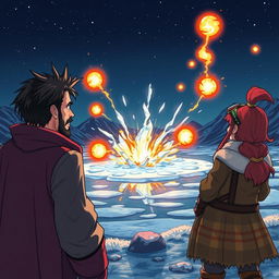 A scene viewed from behind a handsome wizard with short, black hair and a goatee, standing confidently beside a female dwarf explorer with striking red hair and goggles perched on her head