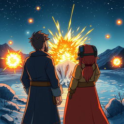 A scene viewed from behind a handsome wizard with short, black hair and a goatee, standing confidently beside a female dwarf explorer with striking red hair and goggles perched on her head