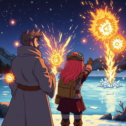 A scene viewed from behind a handsome wizard with short, black hair and a goatee, standing confidently beside a female dwarf explorer with striking red hair and goggles perched on her head