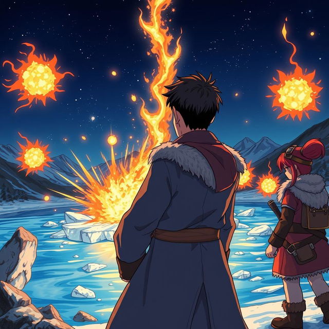 A scene viewed from behind a handsome wizard with short, black hair and a goatee, standing confidently beside a female dwarf explorer with striking red hair and goggles perched on her head