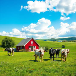 A picturesque farmhouse scene nestled in a lush green meadow, surrounded by beautiful, serene cows grazing peacefully