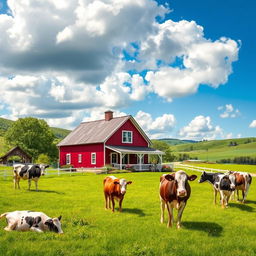 A picturesque farmhouse scene nestled in a lush green meadow, surrounded by beautiful, serene cows grazing peacefully