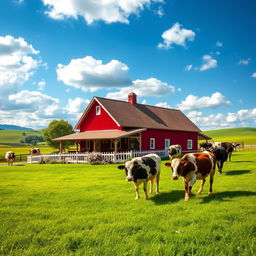 A picturesque farmhouse scene nestled in a lush green meadow, surrounded by beautiful, serene cows grazing peacefully