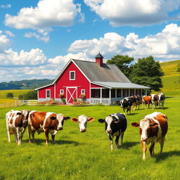 A picturesque farmhouse scene nestled in a lush green meadow, surrounded by beautiful, serene cows grazing peacefully