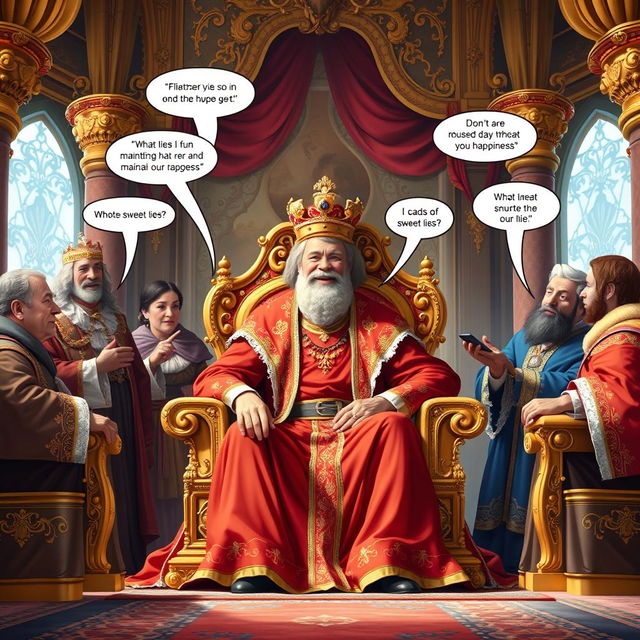 A regal scene depicting a king seated on a grand throne in an opulent palace, surrounded by his ministers who are whispering sweet lies and flattering him to maintain his happiness