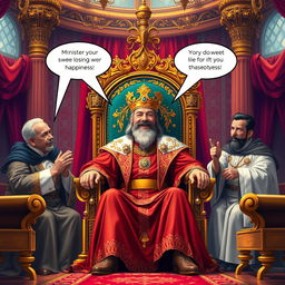 A regal scene depicting a king seated on a grand throne in an opulent palace, surrounded by his ministers who are whispering sweet lies and flattering him to maintain his happiness