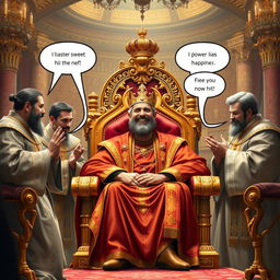 A regal scene depicting a king seated on a grand throne in an opulent palace, surrounded by his ministers who are whispering sweet lies and flattering him to maintain his happiness