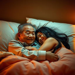 An elderly Chinese man lying in bed at night, affectionately hugging his beautiful young wife
