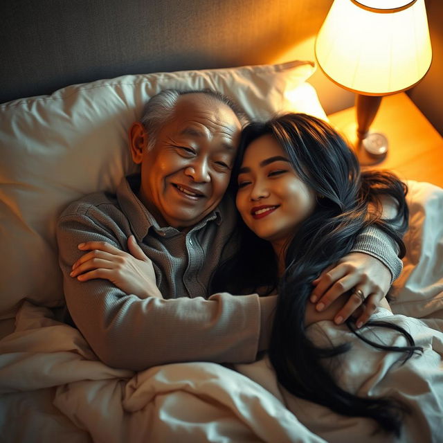 An elderly Chinese man lying in bed at night, affectionately hugging his beautiful young wife