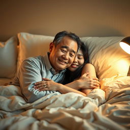 An elderly Chinese man lying in bed at night, affectionately hugging his beautiful young wife