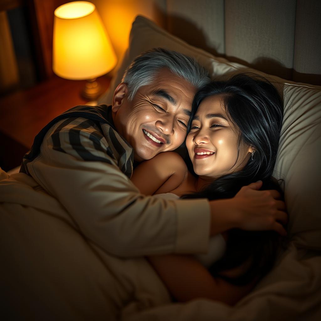 An elderly Chinese man lying in bed at night, affectionately hugging his beautiful young wife