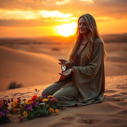 A serene desert landscape at sunset, showcasing a mystical healer who exudes a gentle presence