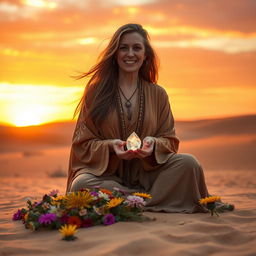 A serene desert landscape at sunset, showcasing a mystical healer who exudes a gentle presence