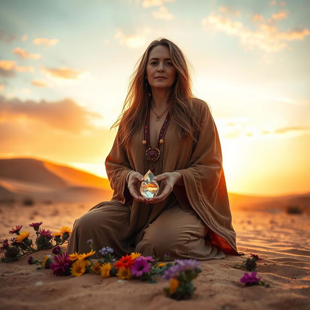 A serene desert landscape at sunset, showcasing a mystical healer who exudes a gentle presence