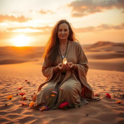 A serene desert landscape at sunset, showcasing a mystical healer who exudes a gentle presence