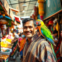 A merchant in a vibrant marketplace, surrounded by colorful stalls filled with exotic goods