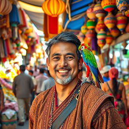 A merchant in a vibrant marketplace, surrounded by colorful stalls filled with exotic goods