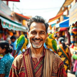 A merchant in a vibrant marketplace, surrounded by colorful stalls filled with exotic goods