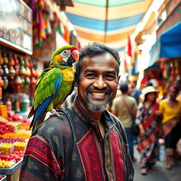 A merchant in a vibrant marketplace, surrounded by colorful stalls filled with exotic goods