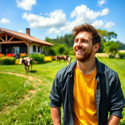 A beautiful farmhouse setting with lush greenery, featuring Lionel Messi in a relaxed pose