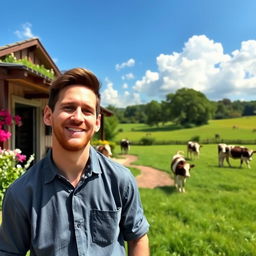 A beautiful farmhouse setting with lush greenery, featuring Lionel Messi in a relaxed pose