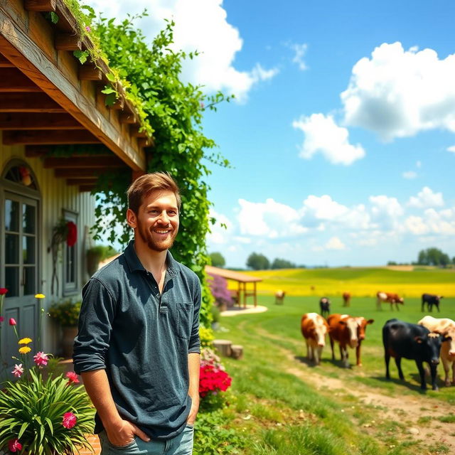 A beautiful farmhouse setting with lush greenery, featuring Lionel Messi in a relaxed pose