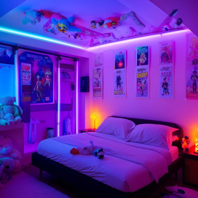 A fresh, vibrant room featuring a double bed, a neon light, a ceiling with LED lights, space for action figures and stuffed toys, and a wall adorned with anime posters.