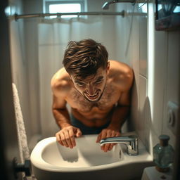 A frustrated person in a small, dimly lit bathroom experiencing distress due to severe constipation