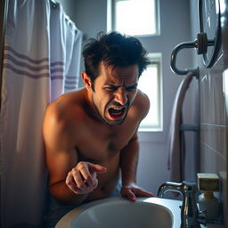 A frustrated person in a small, dimly lit bathroom experiencing distress due to severe constipation