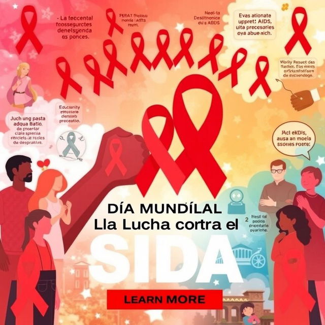 A vibrant and impactful poster commemorating World AIDS Day, featuring red ribbon symbols, diverse individuals of various ethnicities holding hands in solidarity, surrounded by powerful messages of support and awareness about HIV/AIDS