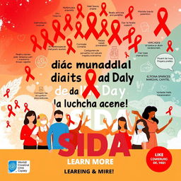 A vibrant and impactful poster commemorating World AIDS Day, featuring red ribbon symbols, diverse individuals of various ethnicities holding hands in solidarity, surrounded by powerful messages of support and awareness about HIV/AIDS