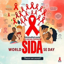 A vibrant and impactful poster commemorating World AIDS Day, featuring red ribbon symbols, diverse individuals of various ethnicities holding hands in solidarity, surrounded by powerful messages of support and awareness about HIV/AIDS