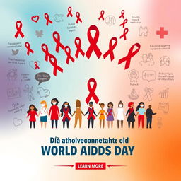 A vibrant and impactful poster commemorating World AIDS Day, featuring red ribbon symbols, diverse individuals of various ethnicities holding hands in solidarity, surrounded by powerful messages of support and awareness about HIV/AIDS