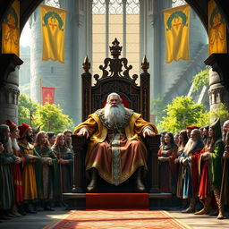 In a grand medieval setting, a wise old king with a long white beard and ornate golden robes sits on an elaborate throne made of dark wood, surrounded by courtiers and townsfolk