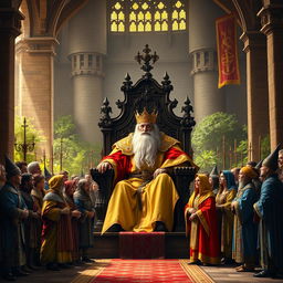 In a grand medieval setting, a wise old king with a long white beard and ornate golden robes sits on an elaborate throne made of dark wood, surrounded by courtiers and townsfolk