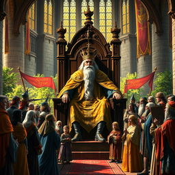In a grand medieval setting, a wise old king with a long white beard and ornate golden robes sits on an elaborate throne made of dark wood, surrounded by courtiers and townsfolk