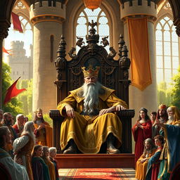 In a grand medieval setting, a wise old king with a long white beard and ornate golden robes sits on an elaborate throne made of dark wood, surrounded by courtiers and townsfolk