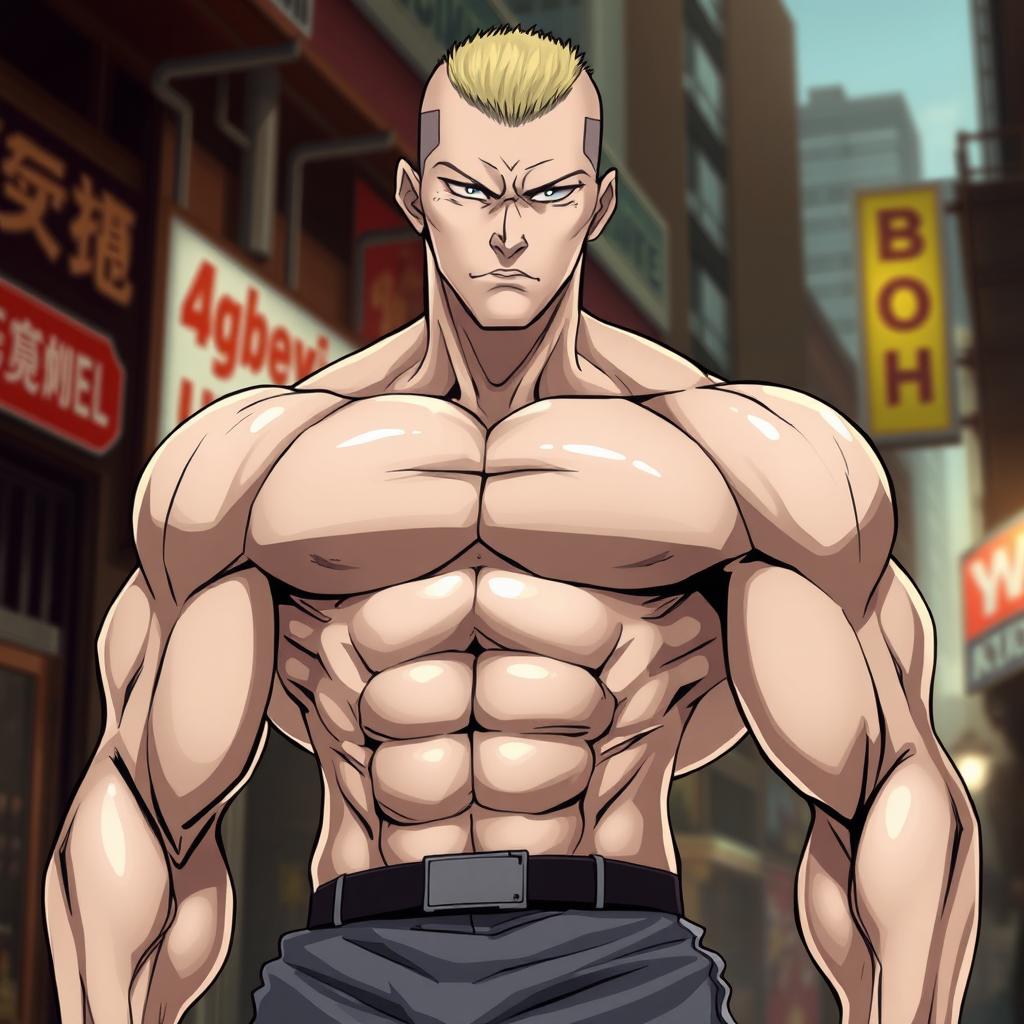 A muscular anime man with a buzz cut hairstyle, showcasing a strong, defined physique