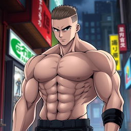 A muscular anime man with a buzz cut hairstyle, showcasing a strong, defined physique