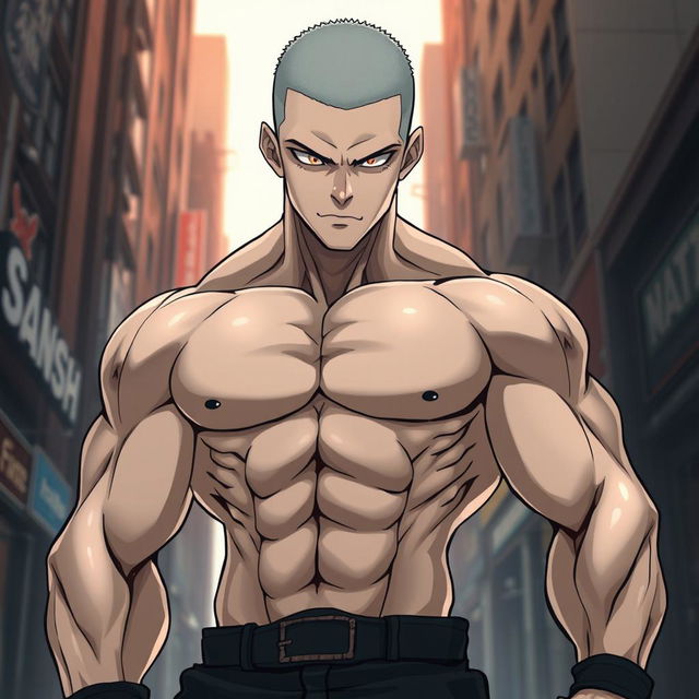 A muscular anime man with a buzz cut hairstyle, showcasing a strong, defined physique