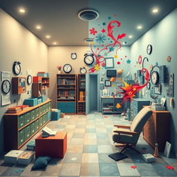 An artistic depiction of an escape room that creatively illustrates themes of OCD (Obsessive-Compulsive Disorder) and bipolar disorder without using any words