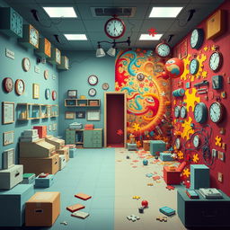 An artistic depiction of an escape room that creatively illustrates themes of OCD (Obsessive-Compulsive Disorder) and bipolar disorder without using any words