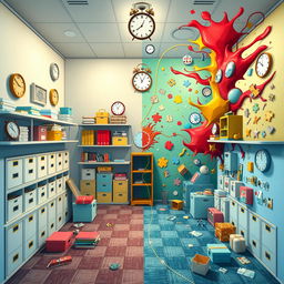 An artistic depiction of an escape room that creatively illustrates themes of OCD (Obsessive-Compulsive Disorder) and bipolar disorder without using any words