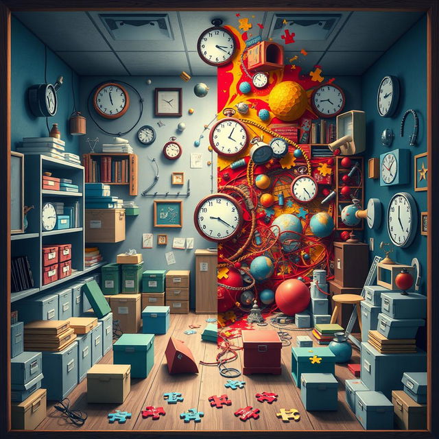 An artistic depiction of an escape room that creatively illustrates themes of OCD (Obsessive-Compulsive Disorder) and bipolar disorder without using any words