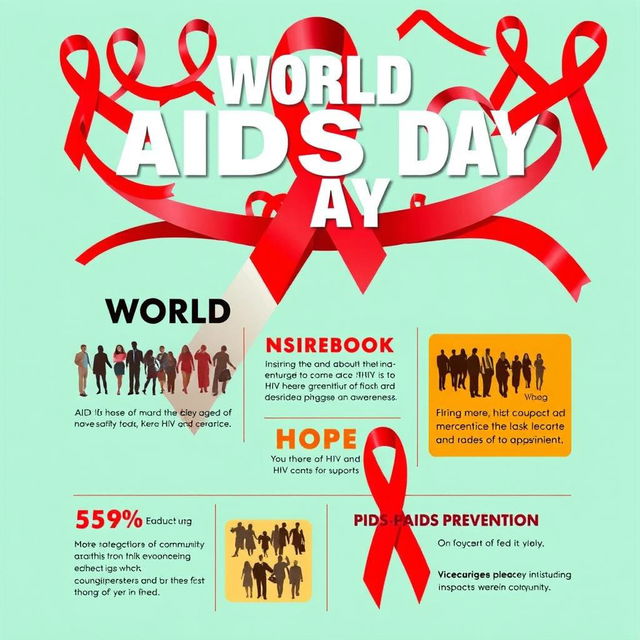 A vibrant and informative poster for World AIDS Day, featuring bold graphics and striking colors