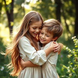 A tender moment between a girl and a boy, capturing an intimate scene where they share a gentle, warm embrace in a beautiful natural setting