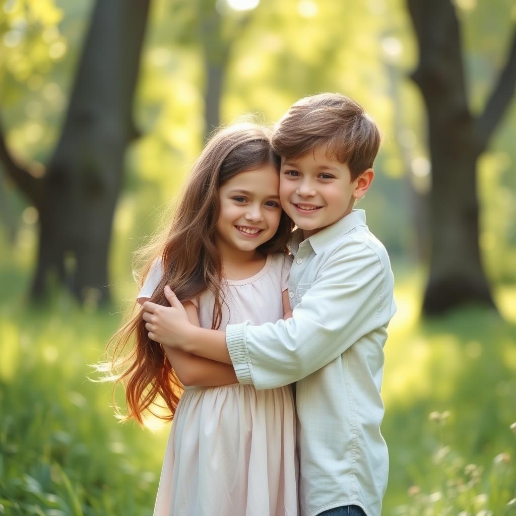 A tender moment between a girl and a boy, capturing an intimate scene where they share a gentle, warm embrace in a beautiful natural setting